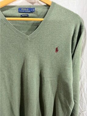 Ralph Lauren V-Neck Sweater in Moss Green with Maroon Pony